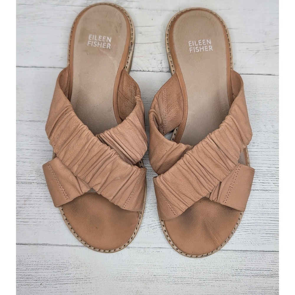 Eileen Fisher Tan Ruched Leather Crisscross Slide Sandals Womens 7.5 Flat Nude